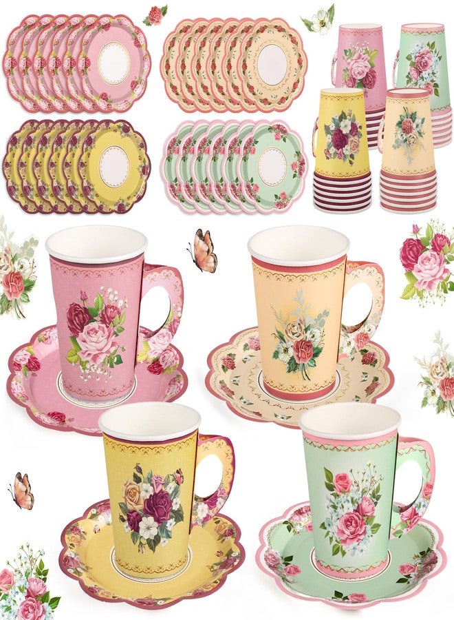 NatNarr 24 Sets Vintage Floral Tea Party Cups 7 OZ Disposable Paper Tea Cups with Handle and Plates Teacups and Saucer Sets for Baby Bridal Shower Wedding Birthday(Vintage Style) - Image 1